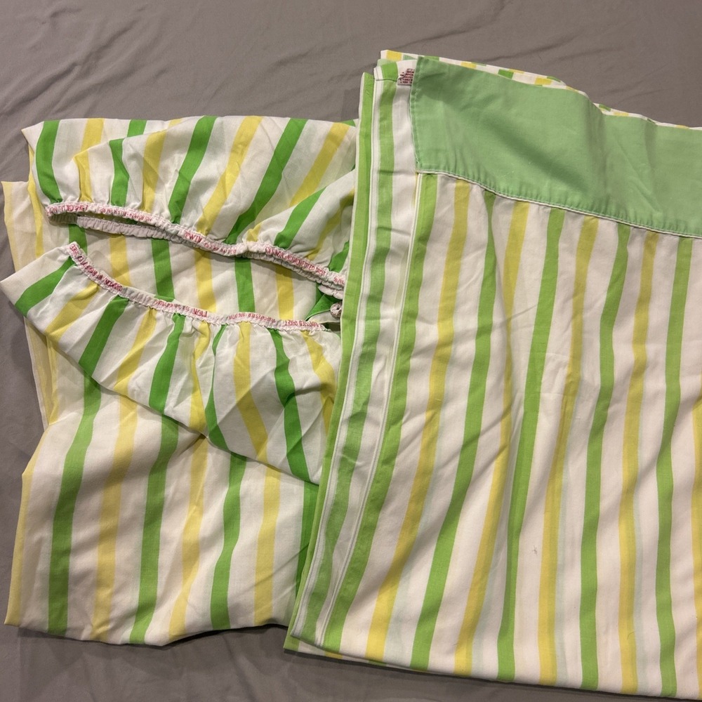 Cannon‎ Monticello Vtg 70s Sheets Twin Green Yellow White Stripe No Iron Muslin